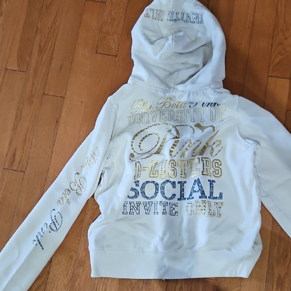 PINK Victoria's Secret White Hoodie with Gold and Silver Accents